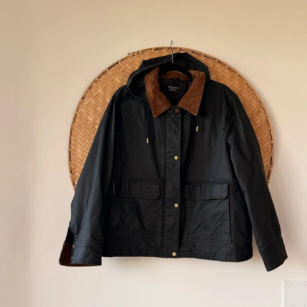 MODERN SUPPLY BY SANCTUARY HOODED WAXED JACKET BARN CHORE COAT CORDUROY‎ COLLAR - Picture 8 of 16